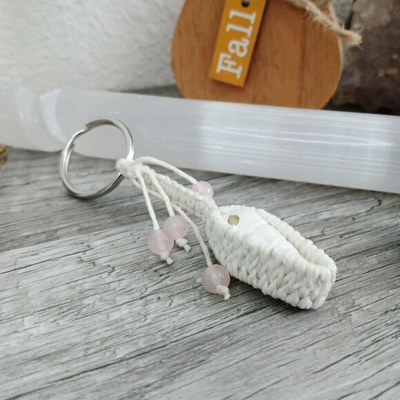 Macrame Rose Quartz & Shell Beaded Keychain, Key Ring, Gemstone Accessories 3.5" - Picture 4 of 6